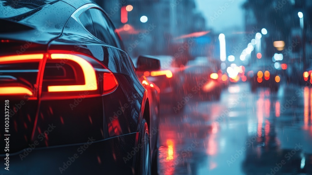 Shiny black car on rainy, illuminated city street at night Shiny black car on rainy, illuminated city street at night
