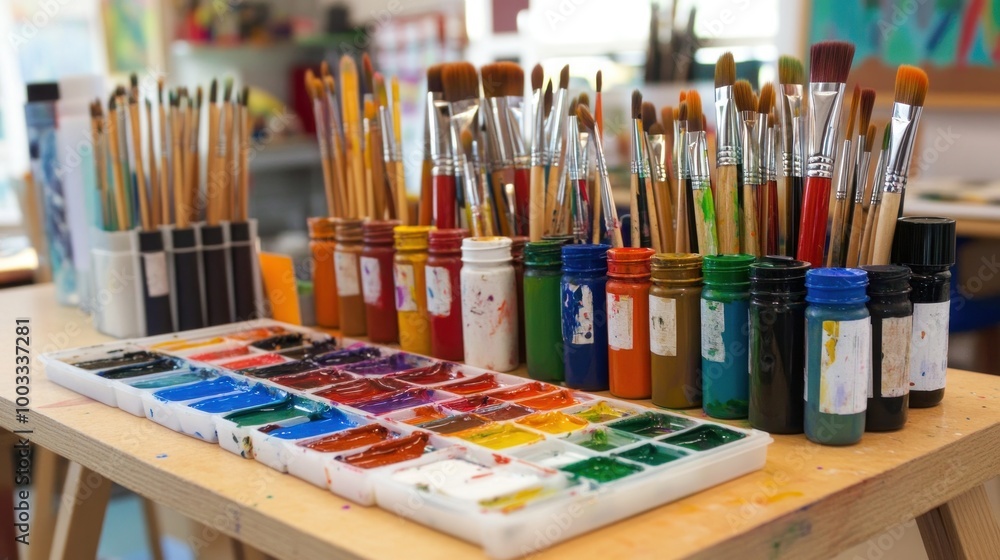 Obraz premium Art Class Ready: Show an art teacher preparing supplies for the first day of art class, organizing paints, brushes, and canvases.