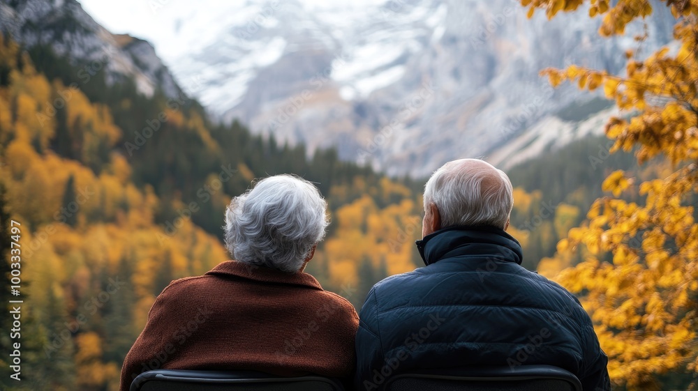 Elderly couple sitting outdoors, viewing autumnal mountain scenery Elderly couple sitting outdoors, viewing autumnal mountain scenery