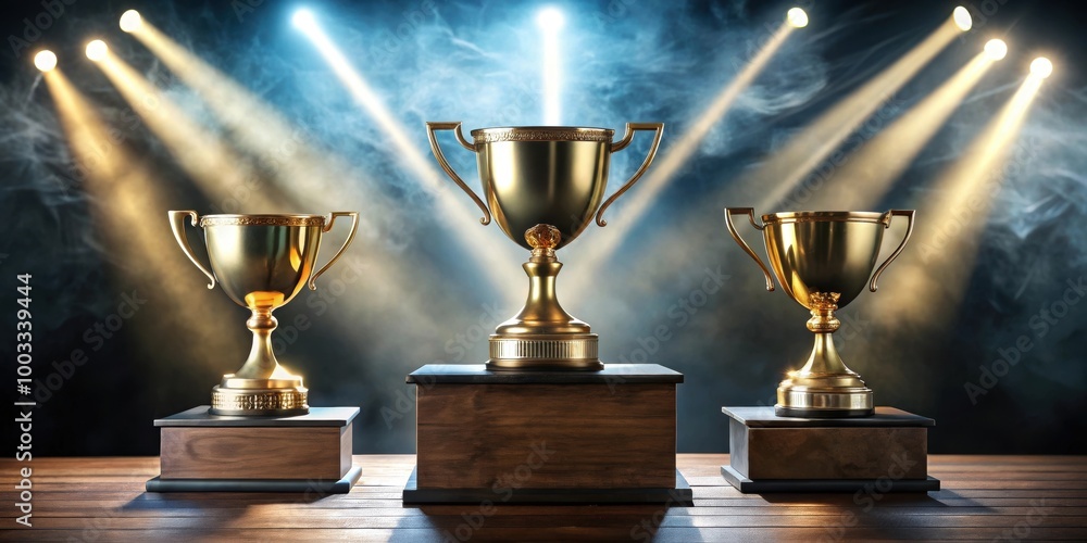 Trophy cups on podium in spotlight, trophy, cups, podium, spotlight, metallic, golden, silver, bronze, awards Trophy cups on podium in spotlight, trophy, cups, podium, spotlight, metallic, golden, silver, bronze, awards