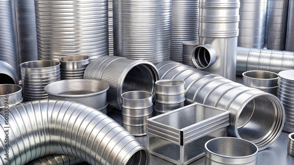Assortment of non-insulated aluminum air ducts , HVAC, ventilation, industrial, metal, lightweight Assortment of non-insulated aluminum air ducts , HVAC, ventilation, industrial, metal, lightweight