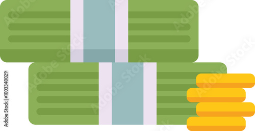 This vector illustration features a stack of banknotes and coins, symbolizing savings, wealth, or financial success