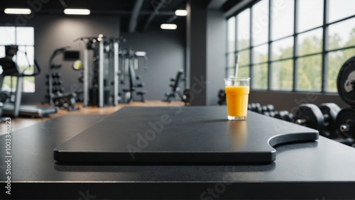 Black Countertop in Gym Setting for Sports Nutrition Display