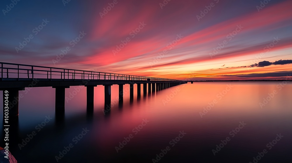 Scenic view of charming bridge over still water at dusk picture Scenic view of charming bridge over still water at dusk picture