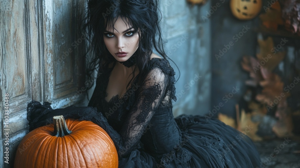 Dark Gothic Halloween Aesthetic with Pumpkins and Mysterious Girl Dark Gothic Halloween Aesthetic with Pumpkins and Mysterious Girl