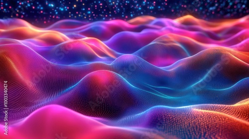 Abstract data waves flowing through a 3D space with glowing particles.