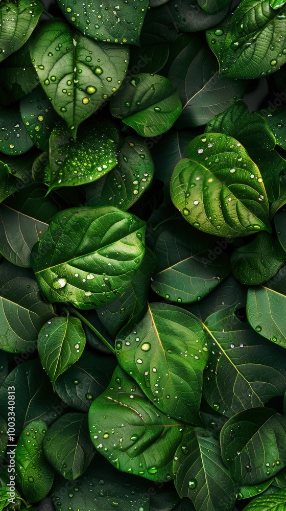 Fototapeta premium Rainy day small leaf wall, glistening raindrops on lush green leaves, misty light, capturing the freshness and calm of a rainy day.
