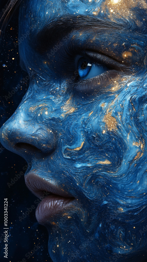 Close-up of a woman's face with galaxy makeup. Close-up of a woman's face with galaxy makeup.