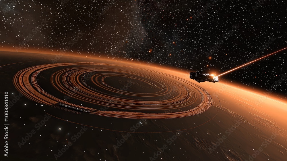 Fototapeta premium Spaceship Flying Through a Ringed Planet