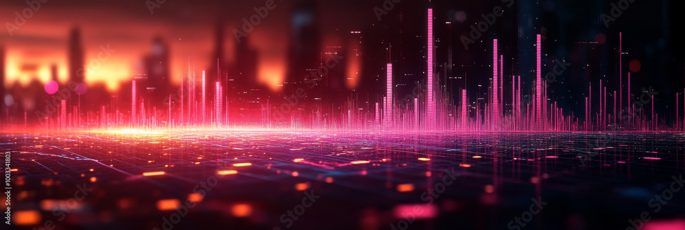 Naklejka premium Abstract digital cityscape with glowing lights and pink lines.
