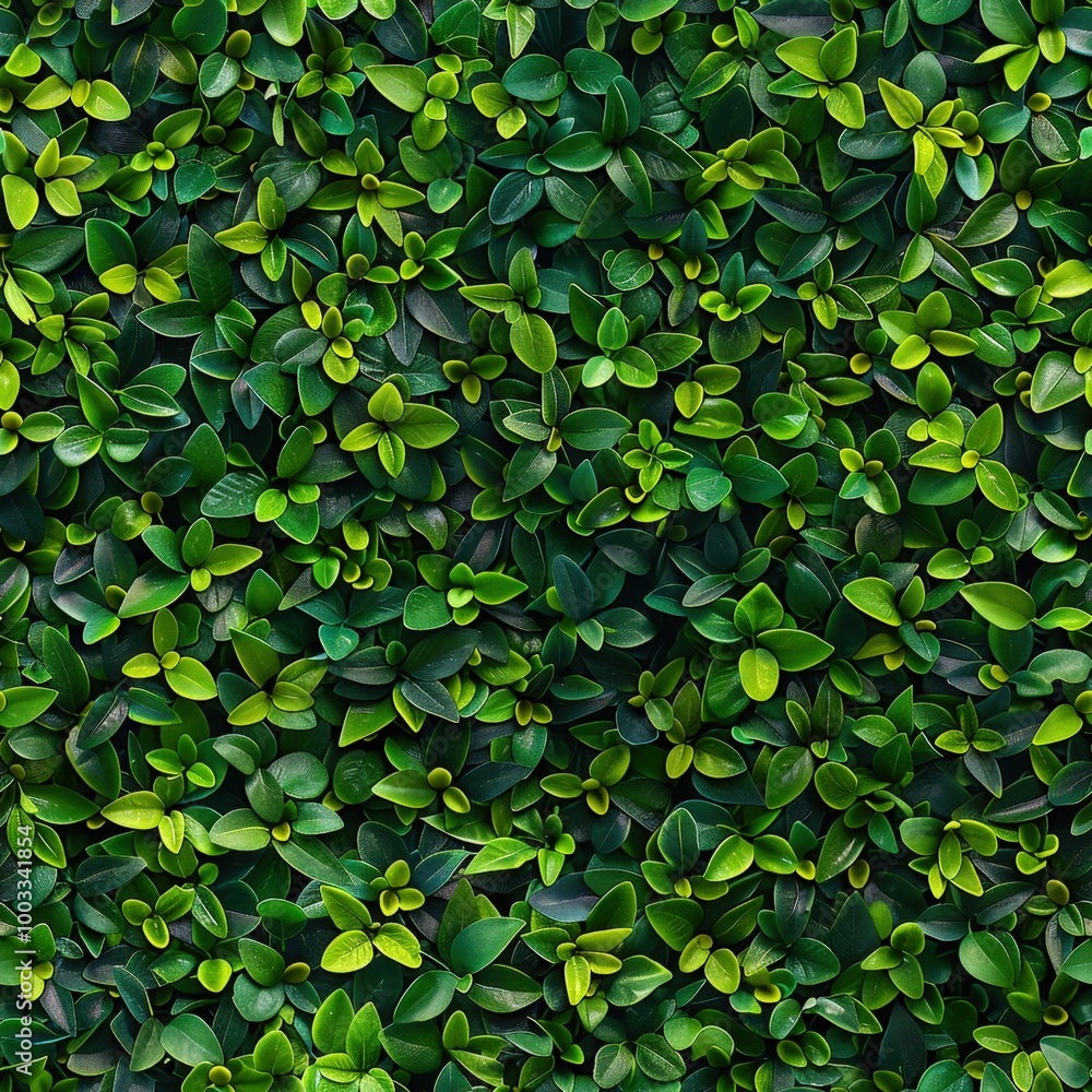 Fototapeta premium Dense wall of tiny leaves, arranged to create a seamless surface, vibrant greens and intricate textures, perfect for tranquil designs.