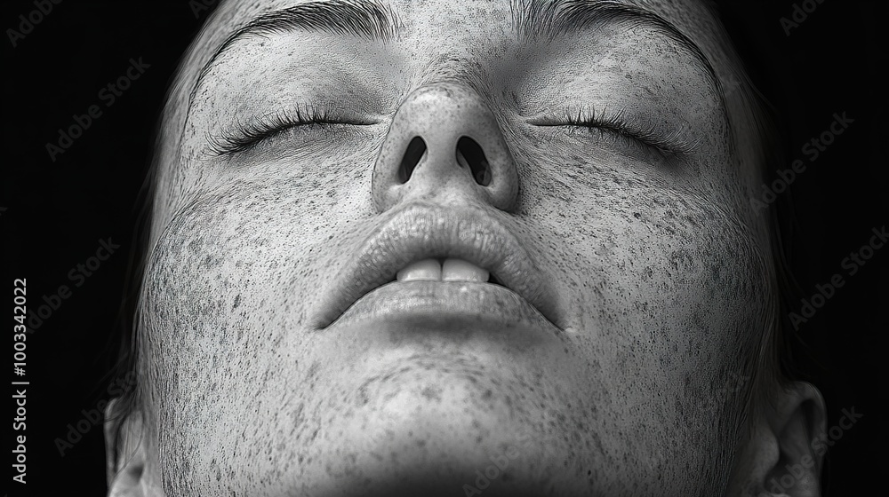 Close-Up Black and White Portrait of a Woman with Freckles Close-Up Black and White Portrait of a Woman with Freckles