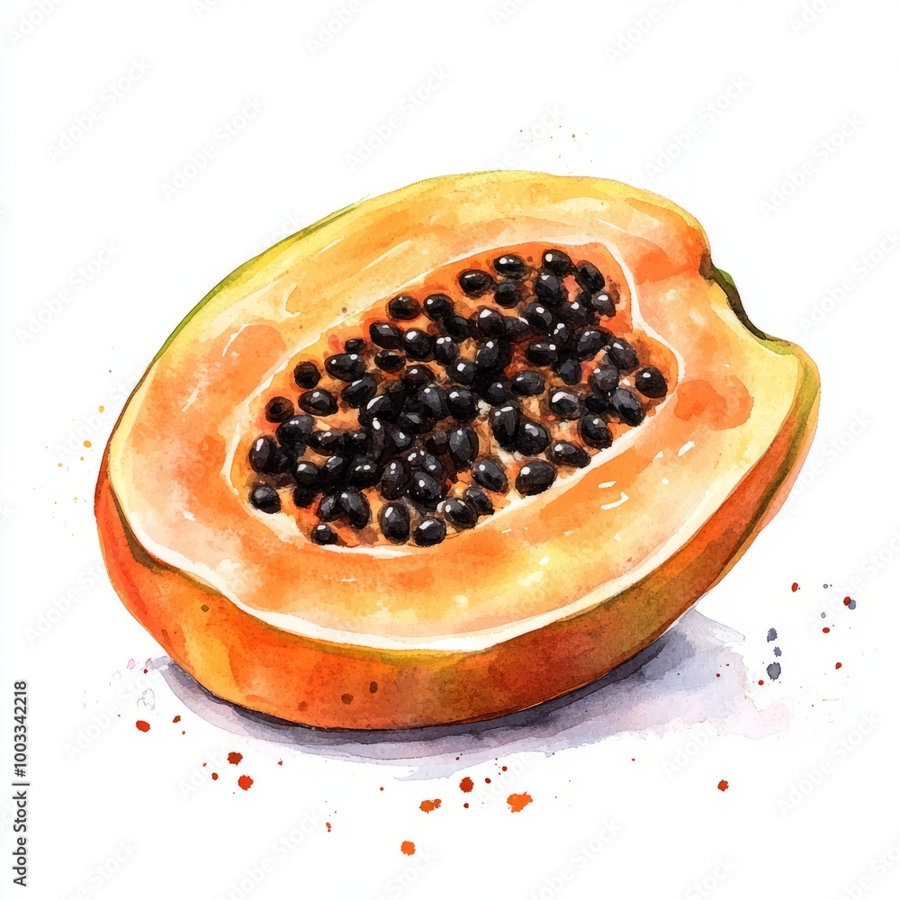 Watercolor Painting of a Ripe Papaya Half with Black Seeds Watercolor Painting of a Ripe Papaya Half with Black Seeds