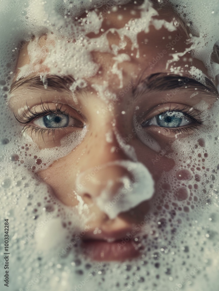 Close-up of a face covered in bubbles. AI. Close-up of a face covered in bubbles. AI.