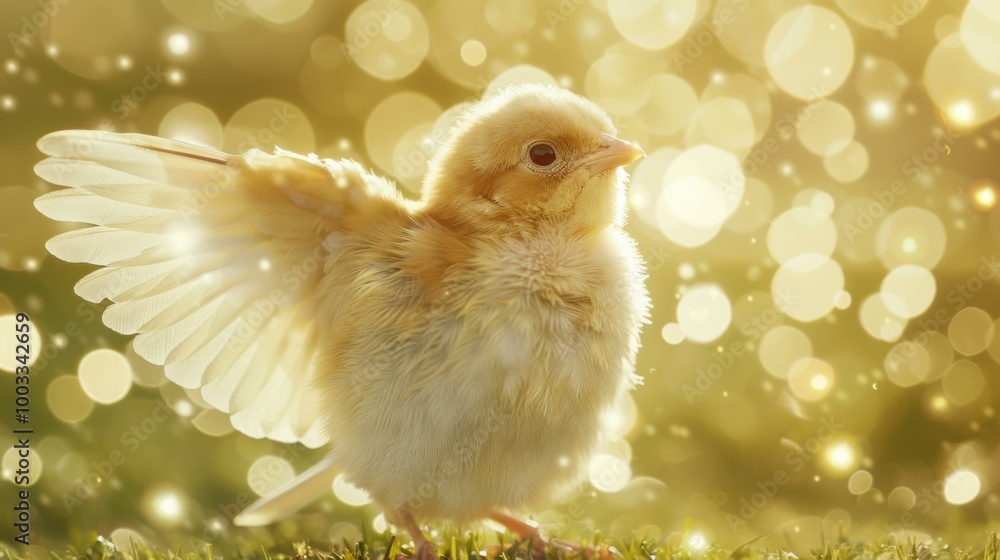 A small chick with its wings spread wide. AI. A small chick with its wings spread wide. AI.