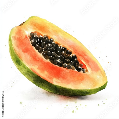 Watercolor Painting of a Ripe Papaya Half with Black Seeds