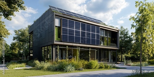 dark grey and cream modern office building design with contemporary solar panel technology, design of modern natural and clean technology 