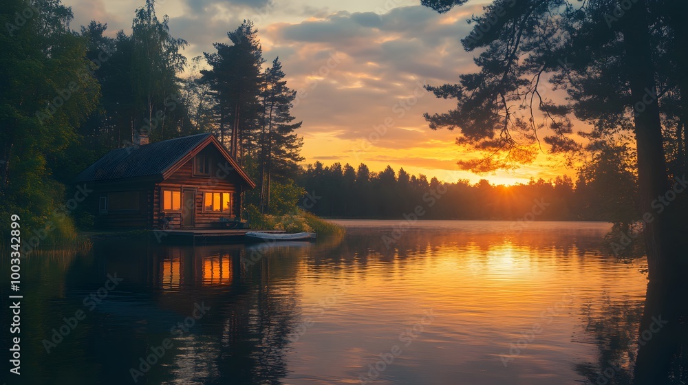 Fototapeta premium A cabin is on a lake with the sun setting in the background. The cabin is surrounded by trees and the water is calm