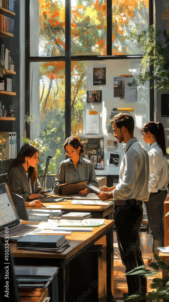 Four colleagues collaborate on a project in a modern office. Four colleagues collaborate on a project in a modern office.