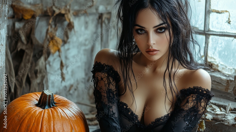 Dark Gothic Halloween Aesthetic with Pumpkins and Mysterious Girl Dark Gothic Halloween Aesthetic with Pumpkins and Mysterious Girl