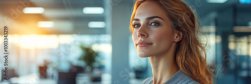 Young woman looking thoughtfully out of a window in an office.