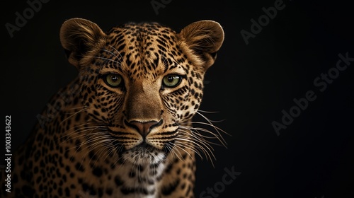 Close-up portrait of a leopard with green eyes and a black background.