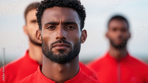 Group of male athletes training together, diverse and focused, deep depth of field highlighting action and teamwork, International Mens Day  photo