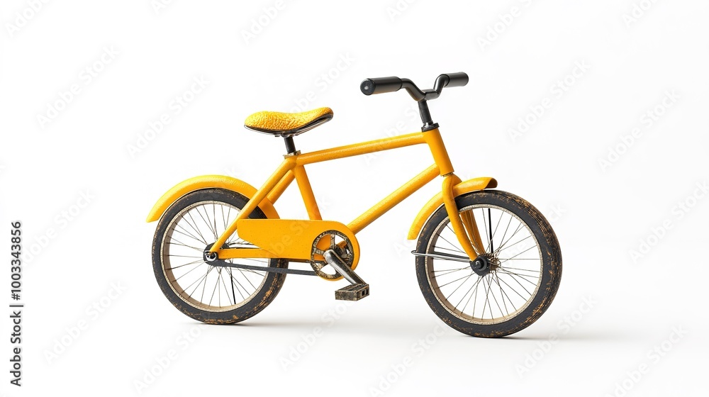 A small yellow bicycle isolated on a white background, showcasing a minimalist and playful design. The bright yellow frame contrasts with the clean white backdrop, making the bike stand out, A small yellow bicycle isolated on a white background, showcasing a minimalist and playful design. The bright yellow frame contrasts with the clean white backdrop, making the bike stand out,