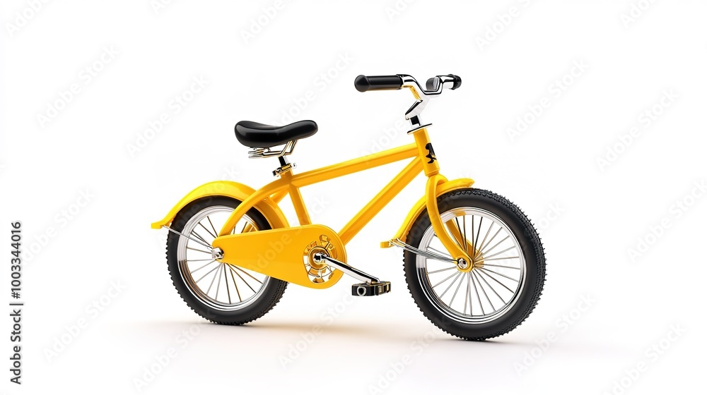 Naklejka premium A small yellow bicycle isolated on a white background, showcasing a minimalist and playful design. The bright yellow frame contrasts with the clean white backdrop, making the bike stand out, 