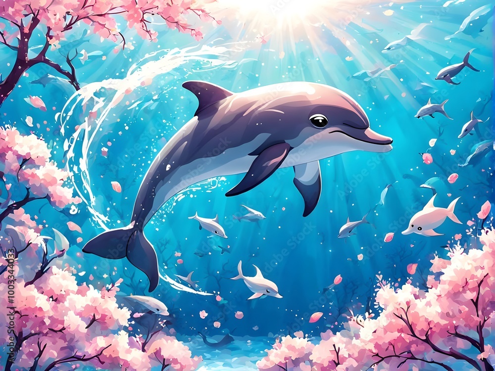 Fototapeta premium Ocean animals. Sea fish, underwater marine cute dolphin and jellyfish, nature world life with whale and coral reef. Childish background or poster. Cartoon flat isolated vector illustration