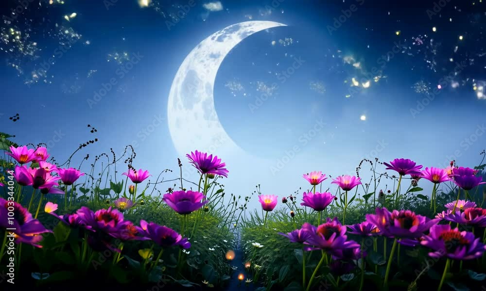Beautiful gardens and skies with beautiful flower nuances at night, glowing under a full moon Beautiful gardens and skies with beautiful flower nuances at night, glowing under a full moon