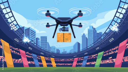 Drone carrying a package flying over a large stadium filled with spectators and vibrant banners below.