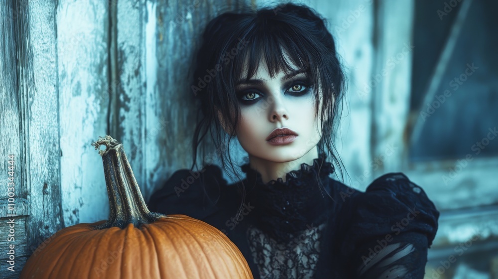 Dark Gothic Halloween Aesthetic with Pumpkins and Mysterious Girl Dark Gothic Halloween Aesthetic with Pumpkins and Mysterious Girl