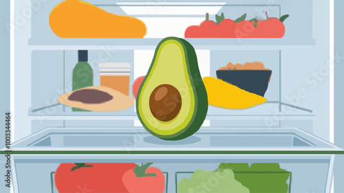 Single ripe avocado on glass shelf in brightly lit refrigerator.