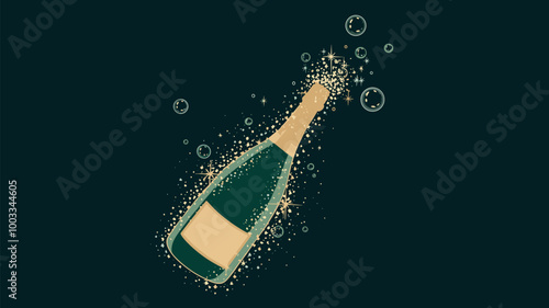 Glittering champagne bottle with gold foil and bubbles, set against a dark backdrop to enhance its luxurious sparkle.