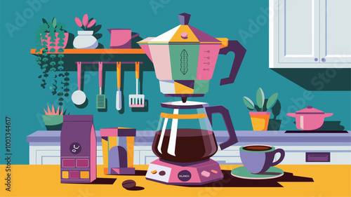 Colorful coffee maker with a playful design, surrounded by coffee-related items and vibrant kitchen decor.