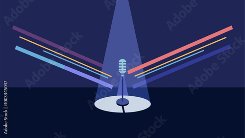 Lone microphone in spotlight on dark stage with streaks of colored light.