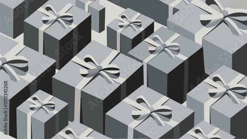 An artistic composition featuring a mound of gift boxes in various sizes and shades of gray, their bows creating a subtle interplay of light and shadow, adding depth and dimension to the image.