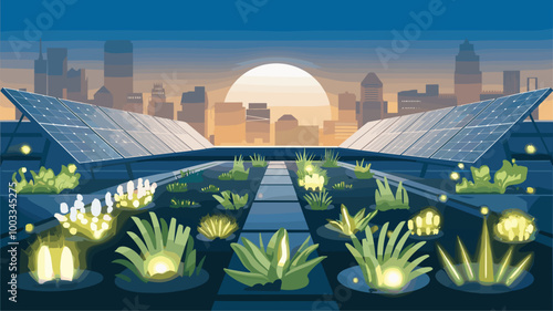 Dramatic rooftop garden with solar panels at sunset, bio-luminescent plants glowing.