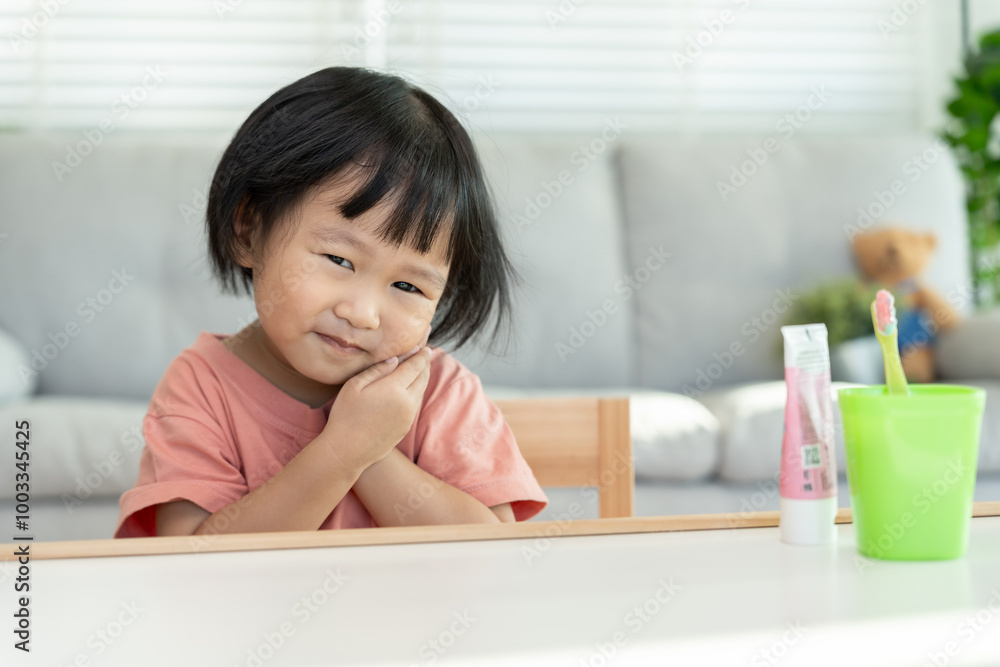 little asian girl presses hand to cheek, suffers from pain in tooth. Teeth decay, dental problems, child emotions and facial expression, oral health care, reducing sweets, fluorine coating. little asian girl presses hand to cheek, suffers from pain in tooth. Teeth decay, dental problems, child emotions and facial expression, oral health care, reducing sweets, fluorine coating.