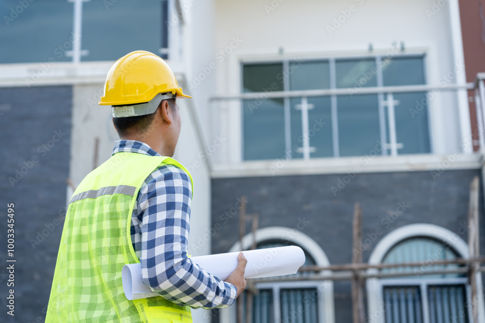 inspector or engineer is inspecting construction and quality assurance new house using a blue print. Engineer or architects or contactor work to build the house before handing it over to the homeowner inspector or engineer is inspecting construction and quality assurance new house using a blue print. Engineer or architects or contactor work to build the house before handing it over to the homeowner