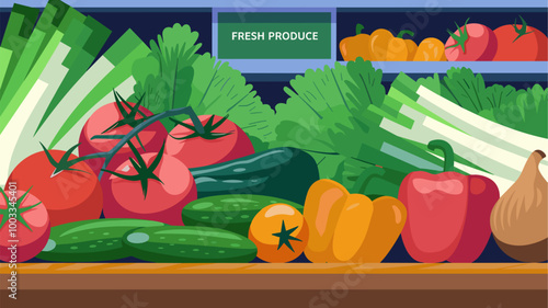 Lively 3D scene of vibrant fresh vegetables at grocery store, brightly lit, showcasing freshness and variety.