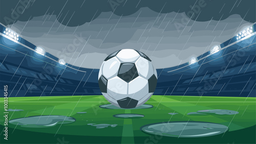 Atmospheric 3D rendering of soccer ball on rain-soaked field, heavy downpour, reflective puddles in stadium.