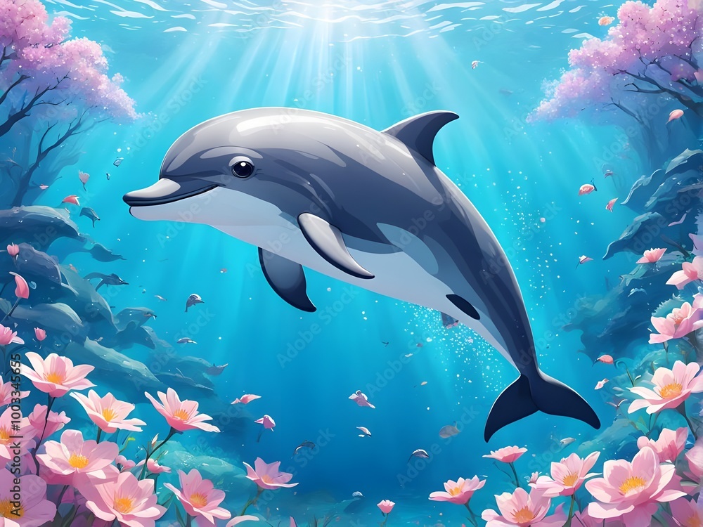 Fototapeta premium Ocean animals. Sea fish, underwater marine cute dolphin and jellyfish, nature world life with whale and coral reef. Childish background or poster. Cartoon flat isolated vector illustration