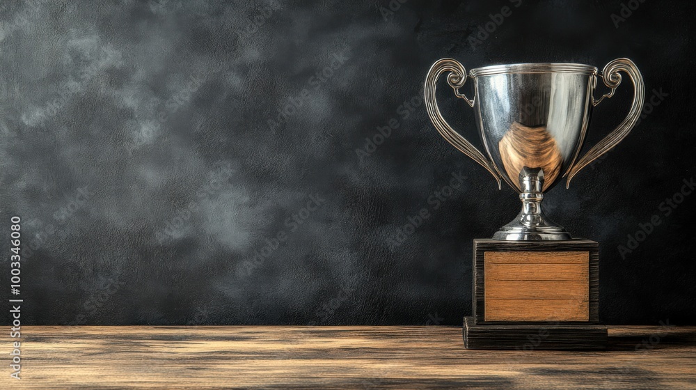 Silver Champion Trophy Placed on Wooden Table Silver Champion Trophy Placed on Wooden Table