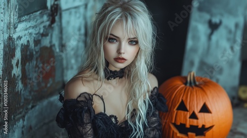 Dark Gothic Halloween Aesthetic with Pumpkins and Mysterious Girl