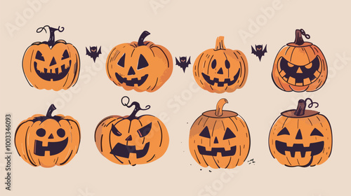 Flat lay design of Hand drawn halloween pumpkin collection, Halloween elements, Happy Halloween
