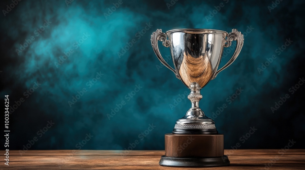 Silver Award Cup Displayed on Wooden Table Silver Award Cup Displayed on Wooden Table