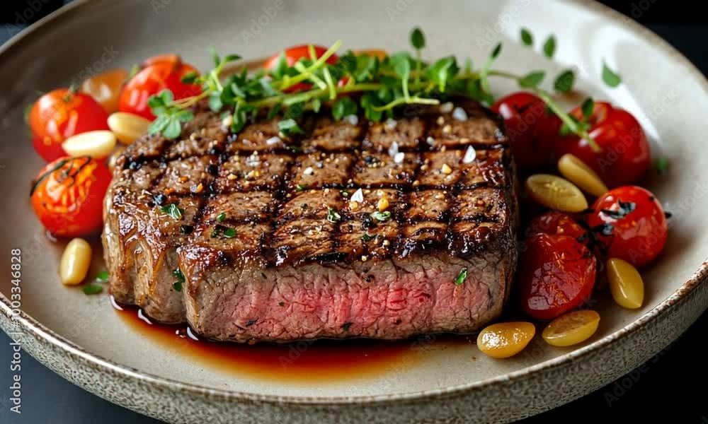 Grilled steak served with herbs and roasted vegetables on a plate. Grilled steak served with herbs and roasted vegetables on a plate.