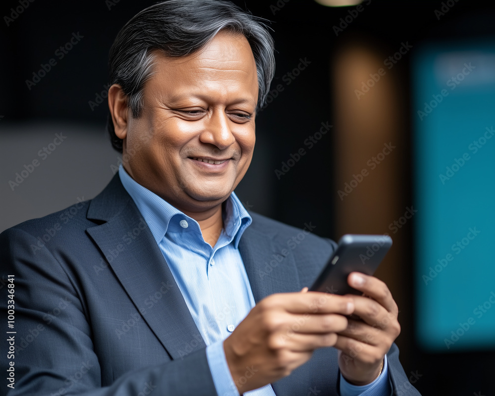 A Happy, Smiling Indian Businessman Looking at Phone A Happy, Smiling Indian Businessman Looking at Phone